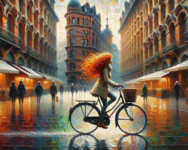 Impressionist Cityscape with Woman on Bicycle