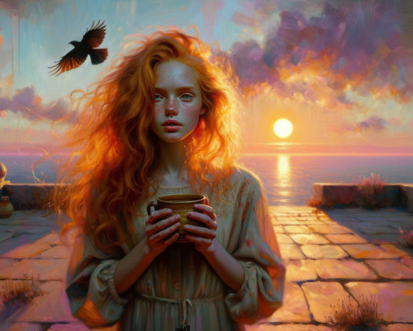Young Woman on Terrace at Sunset by the Sea