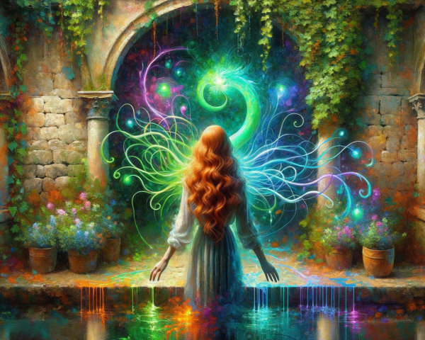Mystical Garden Scene with Flowing Hair and Fountain