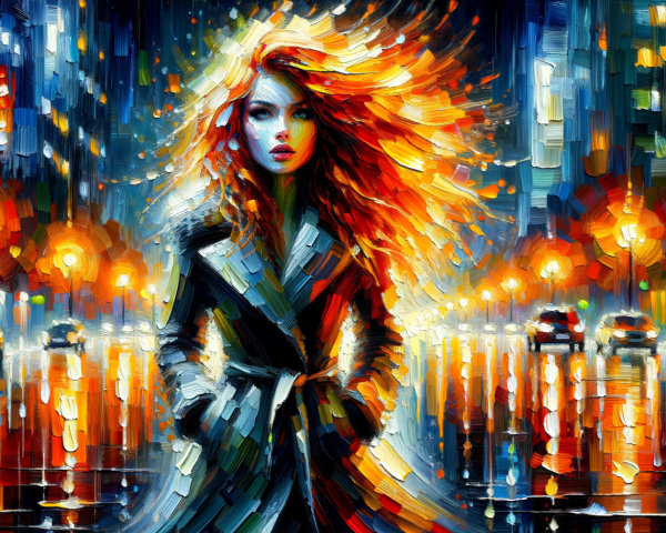 Impressionistic Night Scene of a Confident Woman