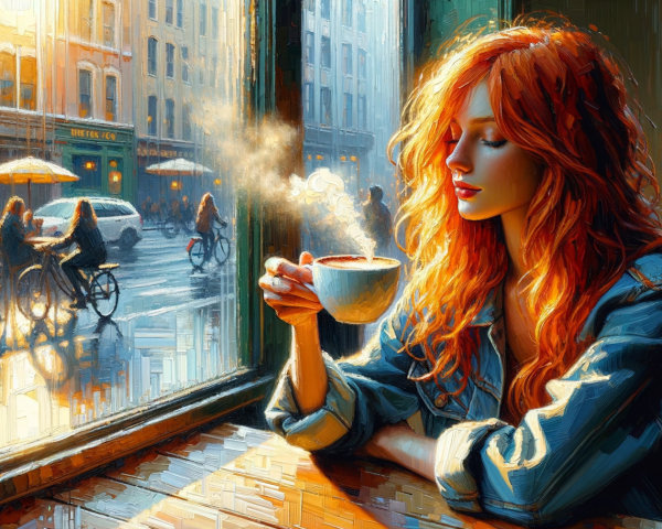 Woman with Red Hair Sipping Coffee by Window