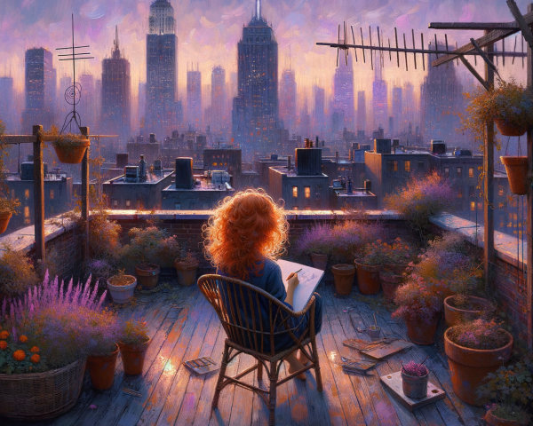 Young Woman with Red Curls in Rooftop Garden at Twilight