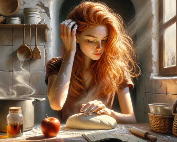 Young Woman Kneading Dough in Cozy Kitchen Setting