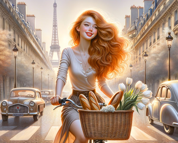 Woman on Vintage Bicycle in Paris with Baguettes and Tulips