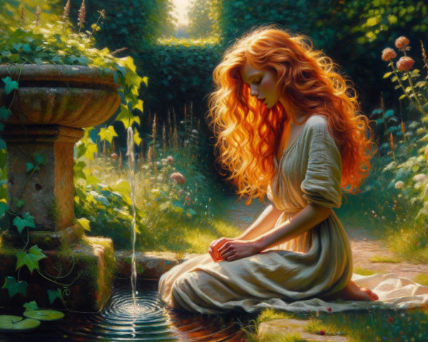 Young Woman by Fountain in Lush Garden Setting