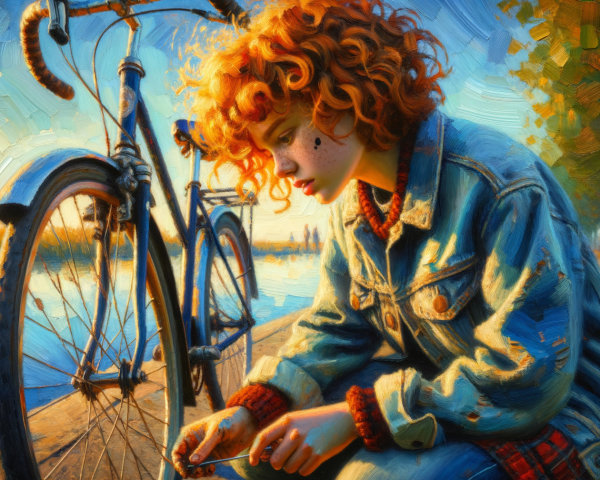 Young person inspecting flat tire by vintage bicycle