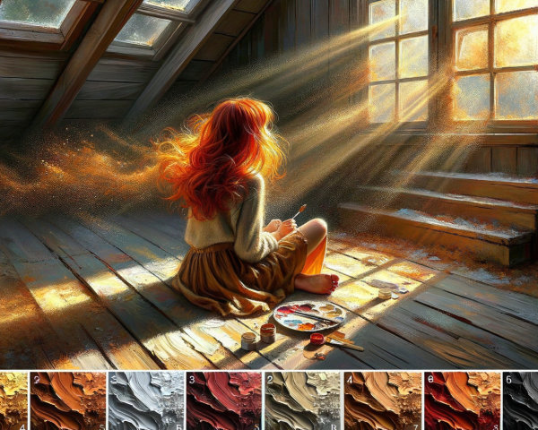 Young girl painting in a sunlit attic with colors