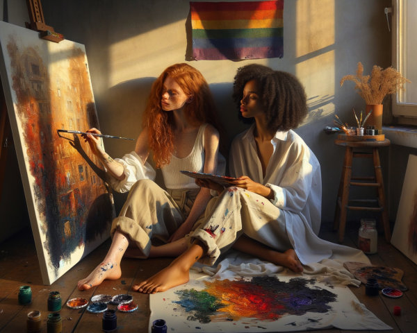 Women Painting in Sunlit Art Studio with Canvas