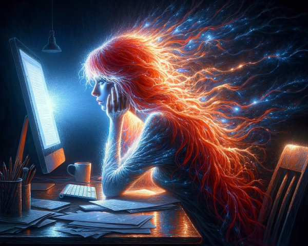 Digital art of a woman at a desk with glowing screen