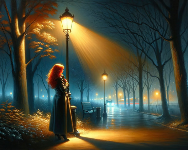 Solitary Figure Under Vintage Lamppost in Moonlit Park