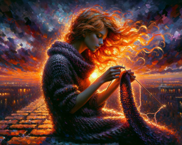 Woman Knitting on Cobblestone Path at Sunset