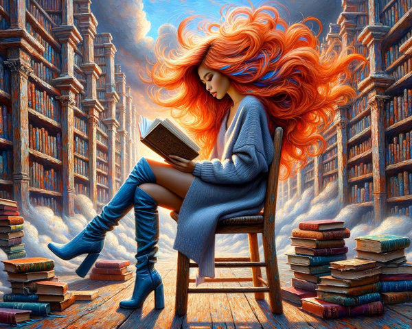 Young woman reading in a magical library setting