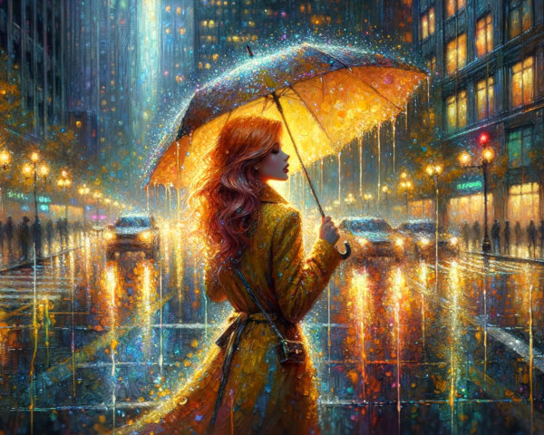 Woman with yellow umbrella in vibrant city rain
