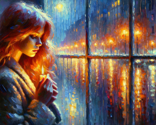 Contemplative Woman by Rain-Soaked Window at Night