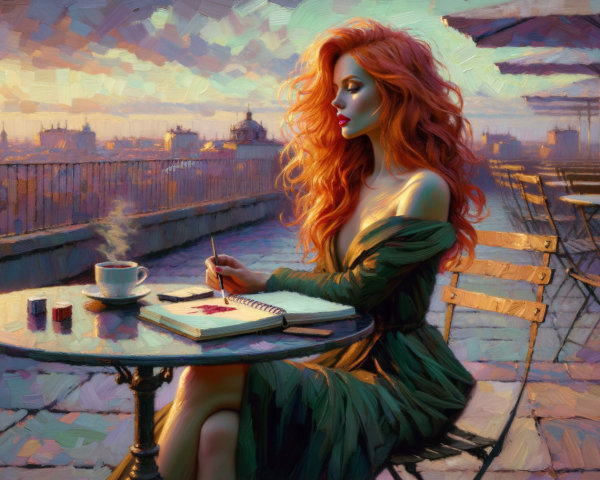 Woman with Red Hair at Rooftop Café at Sunset