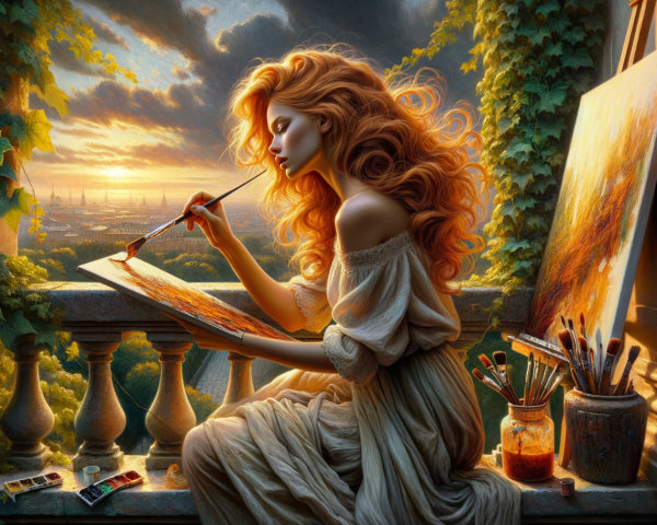 Woman with Red Hair Painting Sunset on Balcony