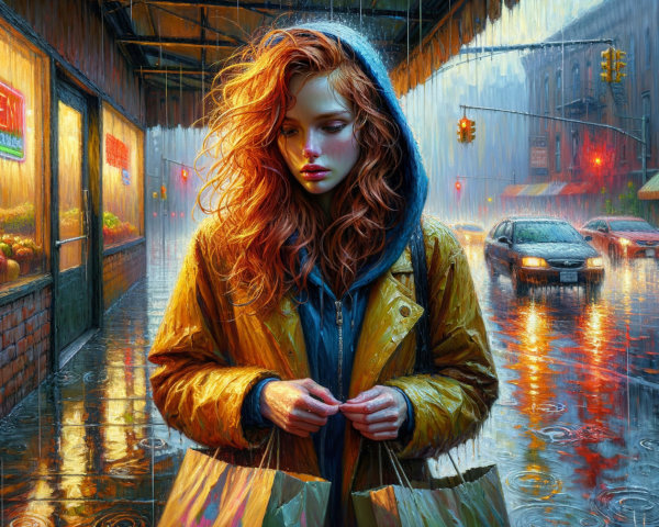 Young woman in hooded jacket holds shopping bags in rain