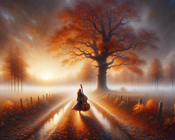 Autumn Landscape with a Figure and Cello at Sunset
