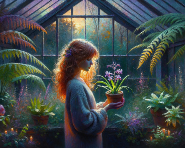 Young Girl in Greenhouse with Potted Plant and Flowers