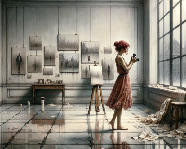 Young woman in vintage dress in art gallery setting