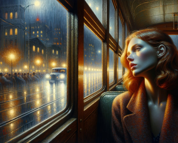 Young Woman on Tram Gazing at Rainy Cityscape