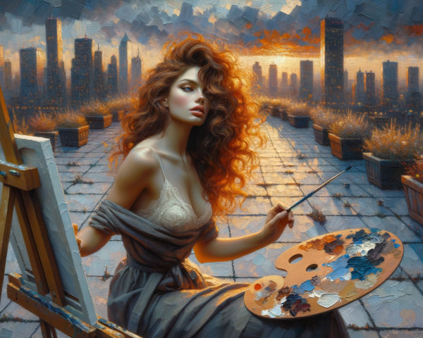 Young woman with red hair painting at sunset rooftop