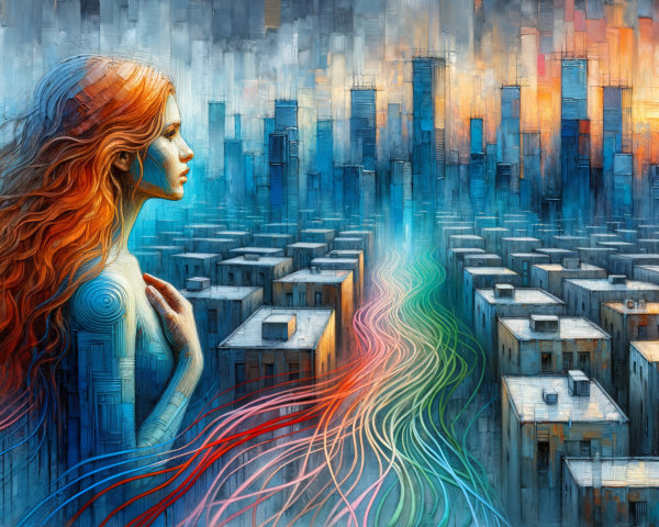 AI-Generated Painting of Female Figure with City Sunset