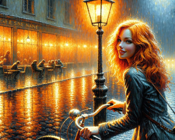 Vibrant Rainy Street Scene with Bicycle and Café Lights