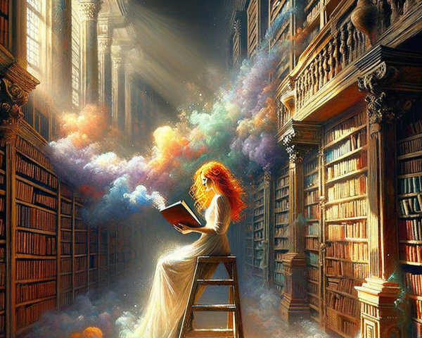 Ethereal Library Scene with Woman and Dreamlike Mist