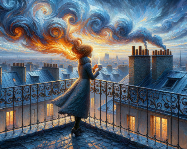 Woman on Balcony Overlooking Vibrant Sunset Cityscape
