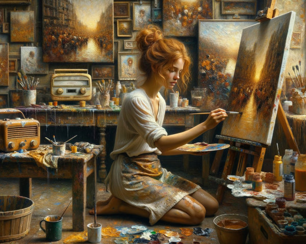 Young Woman Painting in Vibrant Artist's Studio