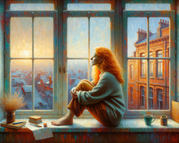 Ginger-haired woman gazing out a window at sunrise