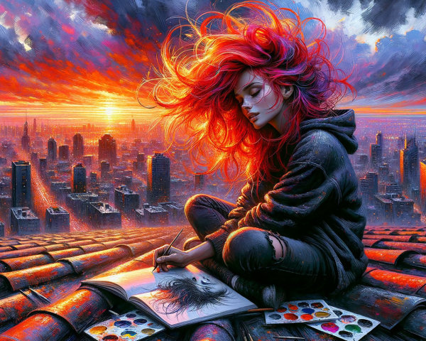 Rooftop Artist Sketching at Sunset with City Skyline