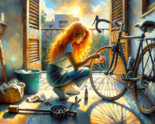 Young Woman Fixing Bicycle in Sunlit Room