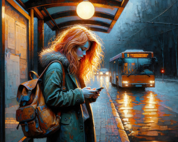 Young woman with red hair at a bus stop in rain