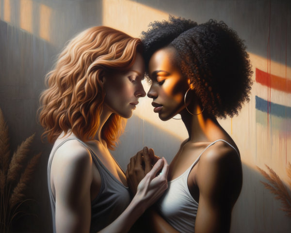 Tender Moment Between Two Young Women in Painting