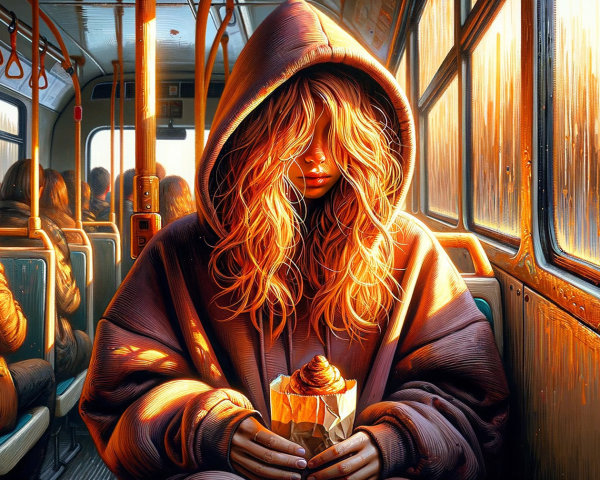 Girl in cozy hoodie on bus with golden light ambiance