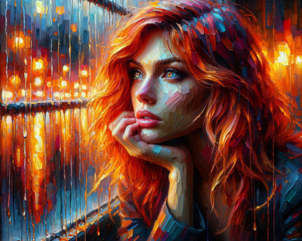 Young woman with red hair gazing out a rainy window