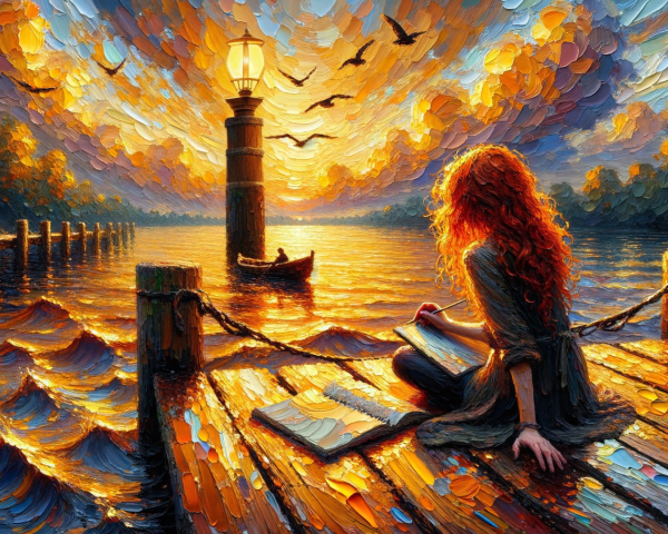 Red-haired woman sketches at sunset by serene river