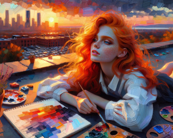 Young woman with red hair on rooftop at sunset
