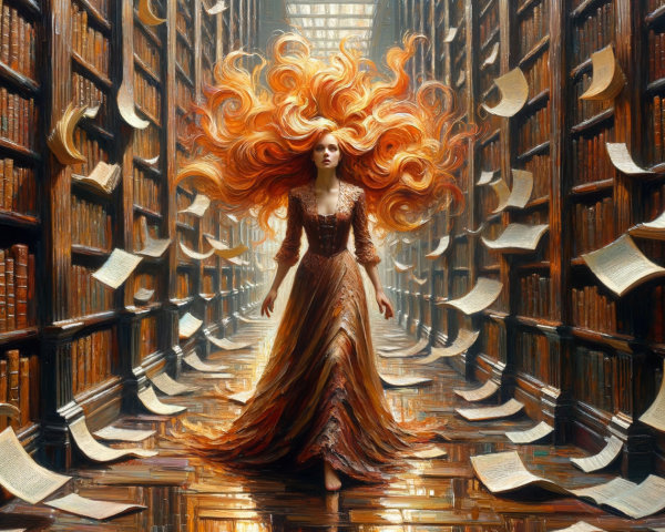 Woman with Red Hair in Grand Library Setting