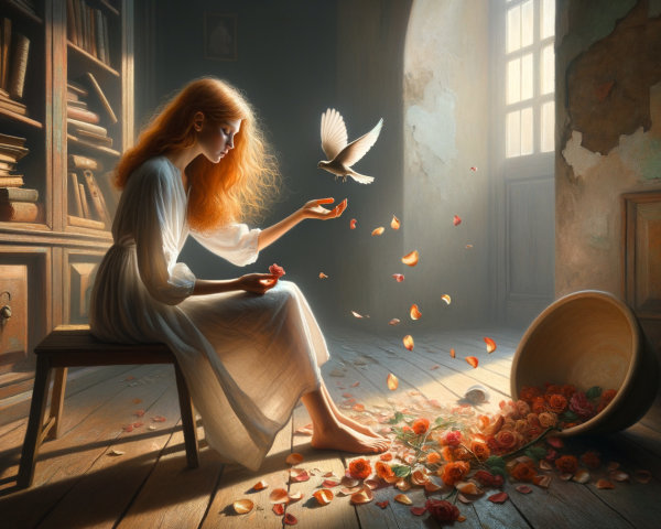 Serene Room with Young Woman and Delicate Bird