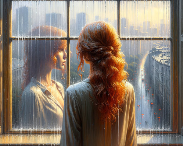 Woman with Red Hair Gazing at Rainy Cityscape