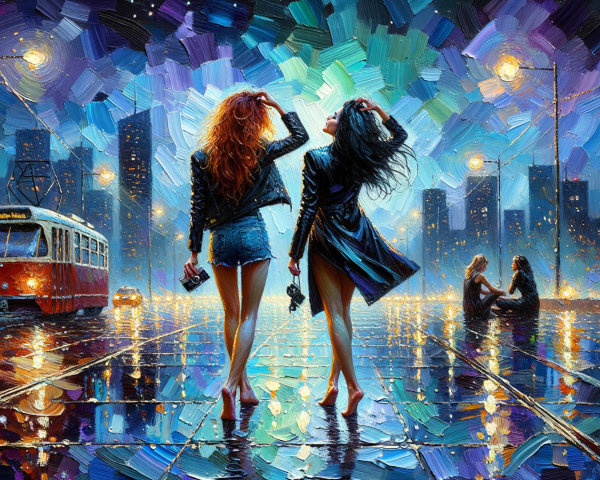 Women in Stylish Outfits Under Vibrant City Lights