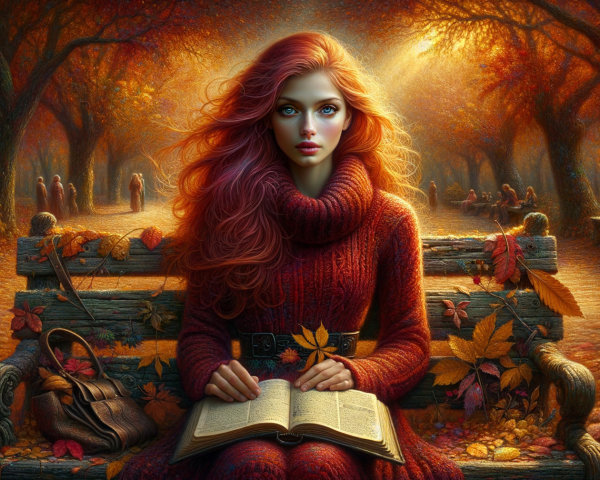 Young woman reading on a bench in autumn park