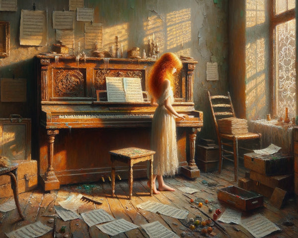 Young girl playing piano in a sunlit vintage room
