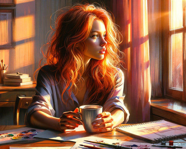 Woman with Red Hair in Sunlit Room with Art Supplies