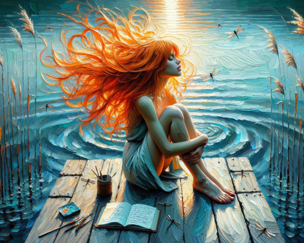 Tranquil Lake Sunset with Young Woman and Reeds