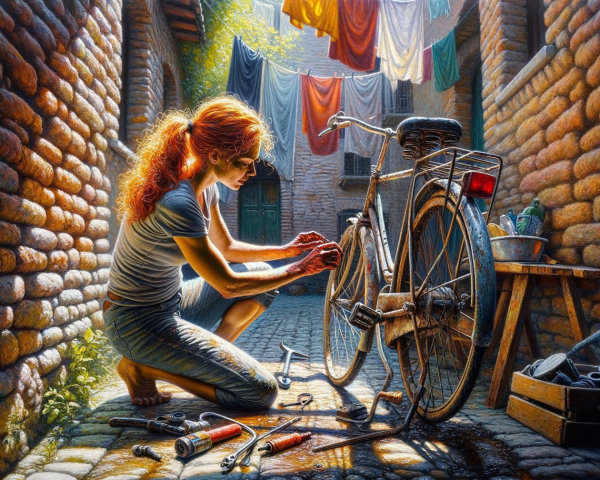 Realistic Digital Painting of a Woman Repairing a Bicycle