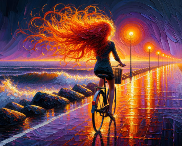 Vibrant Sunset Over Coastal Path with Bicycle Rider